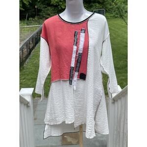 Xiao Lagenlook Artsy Tunic Size S Assymetric Hem Slits Gauze White Red Black